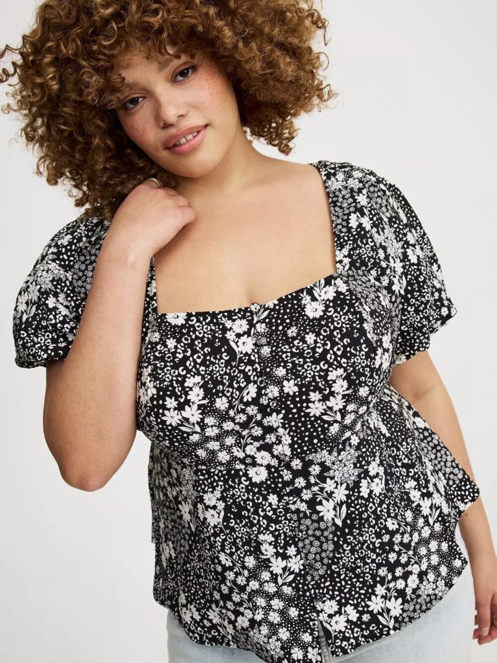 TORRID 1 Plus Size Peplum Square Neck Puff Sleeve Top Black White Floral Boho 1X